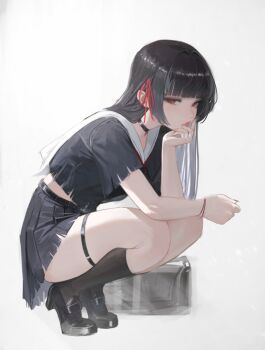 1girl black_choker black_hair black_shirt black_shoes black_skirt black_socks chisa_(wuthering_waves) choker closed_mouth commentary from_side hair_ribbon highres loafers long_hair looking_at_viewer looking_to_the_side neo_(neorarty3) red_eyes red_ribbon ribbon shirt shoes skirt socks solo squatting thigh_strap wuthering_waves