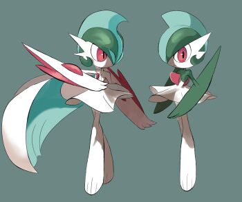 2girls alternate_design alternate_hairstyle alternate_universe arm_blade cape colored_skin commentary dress facing_another facing_to_the_side gallade gen_4_pokemon genderswap genderswap_(mtf) green_background green_hair highres lampette looking_at_another mega_gallade mega_pokemon mohawk multicolored_skin multiple_girls nintendo pokemon pokemon_(creature) red_eyes skirt turning_head two-tone_skin weapon white_cape white_dress white_skirt