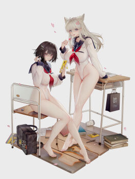2girls absurdres anger_vein animal_ears arknights arknights:_endfield bag bare_legs barefoot binggong_asylum blue_eyes blue_sailor_collar breasts brown_hair brown_thighhighs candy cellphone chair desk endministrator_(arknights) female_endministrator_(arknights) food full_body highres holding holding_candy holding_food holding_lollipop large_breasts leotard lollipop multiple_girls neckerchief perlica_(arknights) phone red_neckerchief sailor_collar school_bag school_chair school_desk short_hair sitting smartphone thighhighs white_hair white_leotard