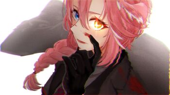 Rule 34 | 1girl, black gloves, blood, blood on clothes, blood on face, blue eyes, braid, distortion, formal clothes, gloves, heterochromia, highres, hololive, looking at viewer, mafia, necktie, orange eyes, pink hair, ringo 21 a, side braid, solo, suit, takane lui, virtual youtuber, white background
