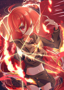 1girl \||/ absurdres ahoge blurry bow bowtie closed_mouth commentary_request cowboy_shot depth_of_field fiery_wings fighting_stance fire floating_clothes floating_hair glint hair_between_eyes hand_up highres holding holding_sword holding_weapon katana long_bangs long_hair looking_at_viewer midriff navel pointing pointing_at_viewer pyrokinesis red_eyes red_hair sanpaku school_uniform serafuku serious shakugan_no_shana shana solo sparks sukonbu385 sword v-shaped_eyebrows very_long_hair weapon wings yellow_bow yellow_bowtie