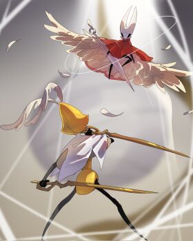 1girl 1other black_eyes black_skin blank_eyes cape cloak colored_skin commentary dual_wielding feathered_wings feathers fighting_stance full_body highres holding holding_weapon hollow_eyes hollow_knight hollow_knight:_silksong hornet_(kancolle) joints legs_apart other_focus oxide_cat red_cloak second_sentinel_(hollow_knight) standing string symbol-only_commentary thread weapon white_cape white_feathers white_mask wings