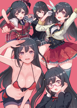 1girl absurdres arm_up bikini black_hair braid breasts chase!_(love_live!) chase_(love_live!) cleavage comiket_104 commentary_request cream_(nipakupa) feathers glasses grey_eyes hat highres holding holding_microphone jacket large_breasts leaning_forward long_hair looking_at_viewer love_live! love_live!_nijigasaki_high_school_idol_club microphone multiple_views nakagawa_nana navel nijigasaki_school_uniform pointing pointing_at_viewer red-framed_eyewear red_background red_bikini red_hat red_skirt salute school_uniform single_braid skirt smile swimsuit thighhighs white_jacket yuki_setsuna yuki_setsuna_(love_live!) zettai_ryouiki