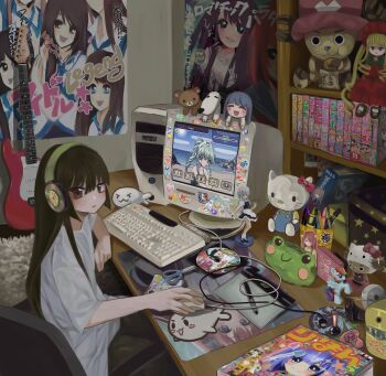 1girl absol absurdly_detailed_composition absurdres book brown_eyes brown_hair chair character_request check_copyright cinnamoroll closed_mouth commentary computer computer_keyboard computer_mouse copyright_request crt daa!_daa!_daa! dark_magician dark_magician_girl desk doraemon doraemon_(character) dvd_(object) electric_guitar elfen_lied english_commentary expressionless fender_stratocaster figure full_moon_wo_sagashite furude_rika futari_wa_precure fuwa_fuwa_cinnamoroll galaxy_angel gen_1_pokemon gen_3_pokemon guitar hair_between_eyes hanazono_karin harinezumi_(sanrio) headphones heisei heisei_retro hello_kitty hello_kitty_(character) highres higurashi_no_naku_koro_ni ichii_(mamotte!_lollipop) indoors instrument izayoi_sakuya kamichama_karin legendary_pokemon loaded_interior long_hair looking_at_viewer lucy_(elfen_lied) m40u mamotte!_lollipop manga_(object) mepple mewtwo mipple mousepad_(object) mr._flat my_little_pony my_little_pony:_friendship_is_magic my_melody my_sweet_piano nakayoshi nintendo one_piece onegai_my_melody original otaku otaku_room peanuts_(comic) pencil_case pencil_sharpener pokemon porun poster_(object) precure rainbow_dash ribon_(shueisha) rilakkuma risu-kun_(onegai_my_melody) rozen_maiden san-x sanrio shinku shirt short_sleeves sitting snoopy solo t-shirt tony_tony_chopper touhou vanilla_h white_shirt yamada_nina yu-gi-oh! zero_(mamotte!_lollipop) zou_(onegai_my_melody)