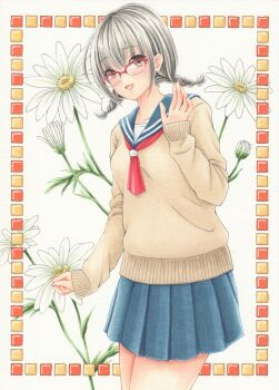 Rule 34 | 1girl, absurdres, arm at side, blue sailor collar, blue skirt, braid, brown eyes, brown sweater, commentary, cowboy shot, floral background, flower, glasses, grey hair, hand up, highres, long sleeves, looking at viewer, marker (medium), medium hair, midori (mira567), miniskirt, neckerchief, open mouth, original, outside border, pleated skirt, red-framed eyewear, red neckerchief, sailor collar, school uniform, semi-rimless eyewear, serafuku, skirt, sleeves past wrists, smile, solo, standing, sweater, traditional media, variant set, waving, white background, white flower