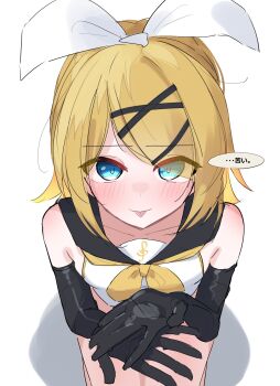 1girl black_gloves black_sailor_collar blonde_hair blue_eyes blush bow collarbone elbow_gloves from_above full_body gloves hair_bow hair_ornament hairpin hat highres kagamine_rin kneeling looking_at_viewer medium_hair neckerchief parted_bangs sailor_collar shadow shirt sidelocks simple_background sleeveless sleeveless_shirt smile solo thighs thinker25075754 tongue tongue_out translation_request treble_clef vocaloid white_background white_hat white_shirt yellow_neckerchief