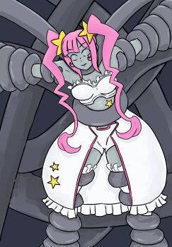 1girl assimilation bound elly_snail empty_eyes g_gundam gundam gundam_build_fighters highres kirara_(gundam_bf) life_core_unit mechanization mihoshi_(gundam_bf) pink_hair restrained silver_skin skirt thighhighs transformation white_skirt white_top