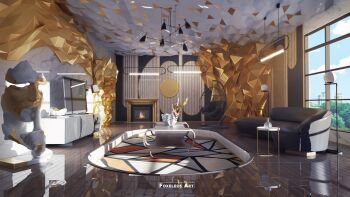 3d absurdres blender_(medium) blue_sky ceiling chair cloud commentary couch day english_commentary fireplace floor floor_lamp foxeleos highres index_finger_raised indoors lamp living_room no_humans original photoshop_(medium) scenery sky statue television wall watermark window
