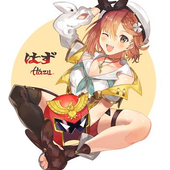 1girl atelier_(series) atelier_ryza blue_neckerchief breasts brown_eyes brown_footwear brown_hair cleavage collarbone commission earrings f-zero hair_between_eyes hat helmet highres jewelry key key_necklace looking_at_viewer neckerchief necklace nintendo one_eye_closed open_mouth reisalin_stout shorts single_sleeve single_thighhigh solo teeth thighhighs upper_teeth_only white_hat yasaikakiage