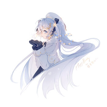 1girl argyle_clothes argyle_coat beret black_bow black_bowtie black_mittens black_ribbon blue_eyes blue_hair bow bowtie brooch capelet coat cropped_torso cupping_hands expressionless eyelashes facing_away floating_hair fortissimo from_side fur-trimmed_coat fur-trimmed_sleeves fur_trim glowing hair_ornament hair_ribbon hairclip hands_up happy_birthday hat hatsune_miku highres jewelry light_blue_hair light_bulb_hair_ornament light_rays long_hair looking_at_viewer looking_to_the_side mittens musical_note musical_note_hair_ornament nishina_hima own_hands_together parted_lips profile ribbon sideways_glance simple_background snowflake_in_eye snowflake_print snowflakes solo string_of_light_bulbs symbol_in_eye tsurime twintails very_long_hair vocaloid white_background white_capelet white_coat white_hat winter_clothes yuki_miku yuki_miku_(2021)