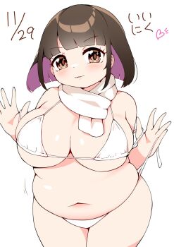 1girl bikini bikini_pull black_hair blush bob_cut breasts brown_eyes clothes_pull colored_inner_hair dated large_breasts meat_day multicolored_hair navel original parted_lips pink_hair plump scarf shiyo_hodaka short_hair solo standing swimsuit untied_bikini_bottom white_background white_bikini white_scarf