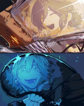 1boy 1girl alternate_form bomb_devil_(chainsaw_man) chainsaw chainsaw_man closed_eyes denji_(chainsaw_man) hair_bun heartbreak_juan highres laughing one_eye_closed pull_cord reflection reflection_focus reze_(chainsaw_man) sharp_teeth teeth