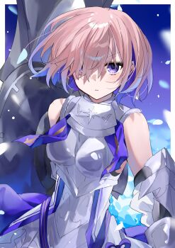 1girl armor bare_shoulders border breasts colored_inner_hair commentary_request fate/grand_order fate_(series) floating_hair hair_over_one_eye highres holding holding_shield looking_at_viewer mash_kyrielight mash_kyrielight_(paladin) multicolored_hair official_alternate_costume ooo00_cha outside_border petals pink_hair purple_eyes purple_hair revision shield short_hair solo two-tone_hair white_armor white_border