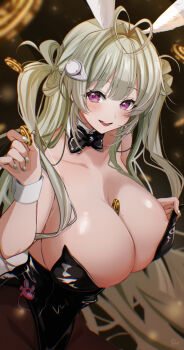 1girl absurdres animal_ears antenna_hair between_breasts black_bow black_bowtie black_leotard bow bowtie breasts cleavage coin detached_collar fake_animal_ears goddess_of_victory:_nikke green_hair green_nails heart_antenna_hair highres holding holding_coin huge_breasts leotard leotard_tug long_hair looking_at_viewer mole mole_on_breast open_mouth playboy_bunny pukonuu purple_eyes soda_(nikke) soda_(twinkling_bunny)_(nikke) solo undersized_breast_cup upper_body white_wrist_cuffs wrist_cuffs
