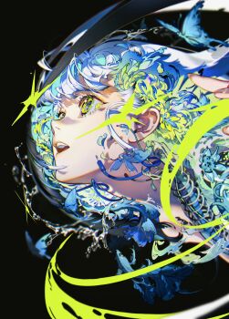 1girl absurdres black_background blue_butterfly blue_flower blue_hair bug butterfly commentary english_commentary flower highres insect long_hair looking_ahead open_mouth original solo swept_bangs upper_body water yellow_eyes yoneyama_mai