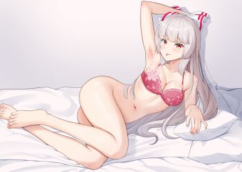 Rule 34 | 1girl, :p, akasaka sato, alternate costume, armpits, barefoot, blush, bra, breasts, cleavage, collarbone, commentary request, fujiwara no mokou, grey hair, highres, large breasts, long hair, looking at viewer, on bed, paid reward available, pink bra, red eyes, solo, toes, tongue, tongue out, touhou, underwear, very long hair