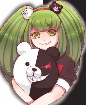 1girl absurdres alternate_hair_length alternate_hairstyle arms_around_shoulders bear_hair_ornament black_bow bow child crazy_eyes crazy_smile danganronpa_(series) danganronpa_3_(anime) green_eyes green_hair hair_ornament hairband headband headwear_request highres long_eyelashes long_hair looking_at_viewer matching_hair/eyes monokuma red_hairband red_headband red_headwear simple_background smile stuffed_animal stuffed_toy swastika towa_monaca two-tone_background white_background