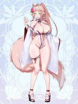 1girl abstract_background ahoge animal_ears bare_hips bare_legs bare_shoulders braid breasts chain_paradox character_request cleavage clothing_cutout cocytus_(wind_master) commentary_request detached_sleeves flower full_body groin hair_flower hair_intakes hair_ornament hair_tie high_heels highleg japanese_clothes large_breasts leotard long_hair looking_at_viewer navel navel_cutout okobo open_mouth platform_sandals ponytail sandals sideboob smile solo standing string tail twin_braids waving wide_sleeves yellow_eyes