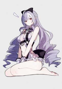 1girl absurdres bow bowtie clothing_cutout drill_hair frilled_one-piece_swimsuit frilled_wrist_cuffs frills fumin_tyu heart_cutout highres official_alternate_costume one-piece_swimsuit pointy_ears purple_bow purple_bowtie solo stomach_cutout swimsuit two-tone_one-piece_swimsuit vivian_banshee vivian_banshee_(iris_of_the_shore) white_one-piece_swimsuit wrist_cuffs zenless_zone_zero