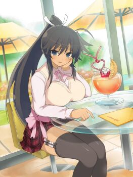1girl black_garter_straps black_hair black_thighhighs blush bow breasts cafe casual chair cherry commentary crazy_straw cup dark-skinned_female dark_skin dating drink drinking_glass drinking_straw english_commentary flower food frilled_garter frills fruit garter_straps glass_table green_eyes heart_straw high_ponytail highres homura_(senran_kagura) large_breasts long_hair looking_at_viewer menu official_art open_mouth orange_(fruit) orange_slice outdoors pink_bow plaid_clothes plaid_skirt pleated_skirt ponytail ribbon senran_kagura senran_kagura_new_wave senran_kagura_shoujo-tachi_no_shin&#039;ei shared_drink shared_straw shirt sitting skirt smile solo sweater_vest table tan thighhighs tropical_drink umbrella very_long_hair waist_bow white_ribbon white_shirt window yaegashi_nan
