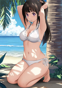 Rule 34 | 1girl, absurdres, armpits, barefoot, beach, bikini, black hair, breasts, chitanda eru, closed mouth, collarbone, frilled bikini, frills, gibun (sozoshu), highres, hyouka, kyoto animation, long hair, looking at viewer, navel, ponytail, purple eyes, solo, swimsuit, thighs, white bikini