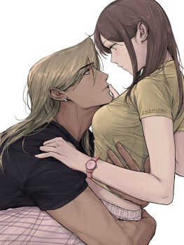 1boy 1girl ace_attorney amikoiiko apollo_justice:_ace_attorney blonde_hair blush brown_hair casual couple dark-skinned_male dark_skin earrings ema_skye highres hug jewelry klavier_gavin looking_at_another