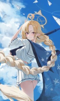 1girl absurdres ahoge ass_peek ayame_(blue_archive) blonde_hair blue_archive blue_haori blush cloud cloudy_sky commentary cowboy_shot earrings gun halo haori highres holding holding_gun holding_weapon japanese_clothes jewelry long_hair looking_at_viewer looking_back midriff_peek panties pantyshot pleated_skirt pointy_ears purple_eyes ribbon-trimmed_sleeves ribbon_trim sailor_collar school_uniform shirt skirt sky solo standing tassel tassel_earrings ubeuna underwear very_long_hair weapon white_sailor_collar white_shirt white_skirt yellow_halo