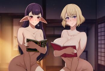 2girls blonde_hair blush boobs_in_book_(meme) book book_on_breasts breasts cha_hae-in commentary completely_nude covering_breasts covering_privates demon_girl english_commentary esil_radiru holding holding_book implied_after_fellatio indoors large_breasts long_hair looking_at_viewer meme multiple_girls nude nude_cover open_book paid_reward_available pointy_ears purple_eyes purple_hair red_eyes short_hair smile solo_leveling stray_pubic_hair sweat the_amazing_gambit