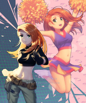 2girls :d animification arms_up belt black_gloves black_sweater breasts brown_belt cheerleader commentary cropped_sweater dav-19 dual_persona english_commentary gloves green_eyes grey_pants jumping kim_possible kim_possible_(series) long_hair long_sleeves looking_at_viewer medium_breasts midriff multiple_girls navel open_mouth orange_hair pants pom_pom_(cheerleading) purple_shirt purple_skirt shirt shoes skirt smile sneakers standing sweater turtleneck turtleneck_sweater watermark web_address white_shoes