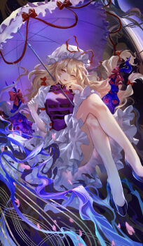 1girl absurdres armband bare_legs black_shoes blonde_hair bow cherry_blossoms commentary crossed_legs disembodied_eye dress falling_petals fingernails floating frilled_dress frilled_hat frilled_sleeves frills gap_(touhou) hair_between_eyes hair_bow hand_on_own_face hat hat_bow hat_ornament hat_ribbon hayaten highres juliet_sleeves long_hair long_sleeves looking_at_viewer lower_teeth_only mob_cap multiple_hair_bows open_mouth petals pink_petals puffy_sleeves purple_tabard red_armband red_bow red_eyes red_ribbon ribbon sharp_fingernails shoes smile solo tabard teeth three-quarter_sleeves tongue touhou umbrella very_long_hair white_dress white_hat yakumo_yukari yellow_eyes