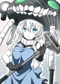 10s 1girl :< absurdres abyssal_ship apron aqua_eyes black_gloves female_focus gloves glowing glowing_eyes hat highres kantai_collection ryuki_(ryukisukune) short_hair_with_long_locks solo teeth tendrils vacuum_cleaner white_hair wo-class_aircraft_carrier