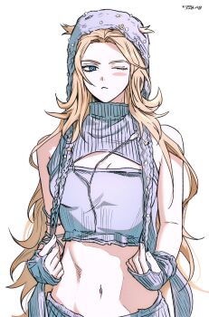 1girl :&lt; bestcondition14 blonde_hair blue_eyes blush_stickers breasts cleavage cleavage_cutout clothing_cutout commentary_request cropped_sweater fingerless_gloves genderswap genderswap_(mtf) gloves hair_through_headwear hat highres johnny_joestar jojo_no_kimyou_na_bouken korean_commentary long_hair midriff navel one_eye_closed single_blush_sticker sleeveless sleeveless_sweater sleeveless_turtleneck solo steel_ball_run sweater turtleneck very_long_hair