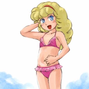 1girl 80s 80s_fashion armpits bikini bikini_bottom bikini_top blue_eyes child curly_hair eyelashes female_focus female_juvenile frilled_bikini frills grabbing_own_hair green_hair gu_gu_ganmo hair_grab hairband holding holding_own_hair legs linda_skylark looking_at_viewer oldschool pink_bikini pink_bikini_bottom pink_bikini_top pink_swimsuit red_hairband retro_artstyle smile swimsuit tomboy