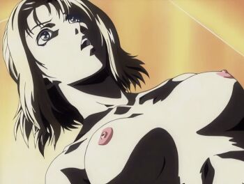 00s 1girl 2002 animated animated_gif bible_black bible_black_gaiden blonde_hair blue_eyes bouncing_breasts breasts collarbone female_focus kitami_reika large_breasts lying nipples nude ritual short_hair tagme