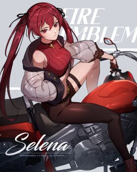 1girl absurdres alternate_costume asymmetrical_legwear bare_legs breasts brown_gloves character_name closed_mouth commentary crop_top english_commentary fire_emblem fire_emblem_fates gloves hair_between_eyes hand_in_pocket highres long_hair looking_at_viewer medium_breasts motor_vehicle motorcycle navel nintendo on_motorcycle puffy_sleeves red_eyes red_hair selena_(fire_emblem_fates) silvercandy_gum skindentation solo stomach twintails very_long_hair