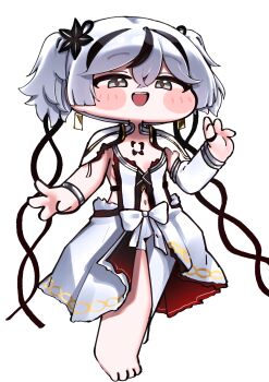 Rule 34 | 1girl, absurdres, black flower, blake bloom (wuthering waves), camellya (wuthering waves), commentary request, dress, earrings, flower, gold earrings, grey eyes, hair flower, hair ornament, hair vines, highres, jewelry, korean commentary, navel, open mouth, parody, pyeong il, red pupils, short hair, short twintails, simple background, smile, solo, style parody, trickcal, twintails, white background, white dress, wuthering waves