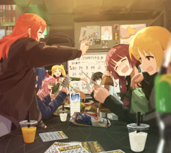 6+girls ahoge bed_sheet bingo_(game) bingo_card black_bow black_dress black_hair black_jacket blonde_hair blue_hair blue_jacket blunt_bangs bocchi_the_rock! bottle bow brown_jacket calpis commentary_request cup detached_ahoge disposable_cup dress film_grain gotoh_hitori green_dress green_shirt hair_ornament hairclip hat highres hiroi_kikuri holding holding_bottle holding_sheet ijichi_nijika ijichi_seika indoors jacket kessoku_band kita_ikuyo long_hair multiple_girls pa-san party_hat pink_hair pink_track_suit playing_games purple_hair red_hair sake_bottle sharp_teeth shirasuke_0822 shirt side_ponytail sitting slice_of_life smoothie star-shaped_eyewear star_(symbol) sweater_vest teeth track_suit upper_body white_sweater_vest yamada_ryo