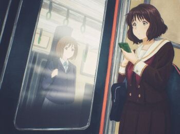 Rule 34 | 2girls, bag, brown eyes, brown hair, brown serafuku, brown shirt, brown skirt, colar, collared shirt, company connection, crossover, guitar case, hibike! euphonium, highres, hirasawa yui, holding, holding phone, instrument case, k-on!, kitauji high school uniform, kyoto animation, long sleeves, multiple girls, nagai uuu, neckerchief, oumae kumiko, phone, pleated skirt, sailor collar, sakuragaoka high school uniform, school bag, school uniform, serafuku, shirt, skirt, white sailor collar