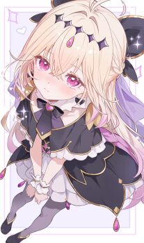 Rule 34 | 1girl, antenna hair, black bow, black capelet, black dress, blonde hair, blush, bow, brooch, capelet, closed mouth, commentary request, crossed bangs, cure arcana shadow, diamond hairband, dress, frilled capelet, frilled cuffs, frilled dress, frills, from above, grey pantyhose, hair between eyes, hair intakes, heart, heart brooch, highres, jewelry, long hair, looking at viewer, looking up, magical girl, meitantei precure!, moria luluka, multicolored hair, nono i831, pantyhose, pink hair, precure, purple eyes, solo, two-tone dress, two-tone hair, white dress, wrist cuffs