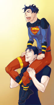 1boy 2boys black_hair blue_eyes bodysuit boots carrying dc_comics dual_persona earrings flying highres jewelry kon-el multiple_boys multiple_persona open_mouth s_shield shirt smile superboy superman_(series) t-shirt young_justice young_justice:_invasion