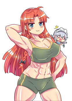 2girls :3 abs alternate_costume armpits black_bow blue_eyes blush bow braid breasts cleavage closed_mouth collarbone colonel_aki commentary english_commentary green_bow green_shorts grey_hair groin hair_bow highres hong_meiling izayoi_sakuya large_breasts long_hair looking_at_viewer maid_headdress multiple_girls muscular muscular_female red_hair shorts simple_background smile solid_circle_eyes solo_focus sports_bra sweatdrop touhou twin_braids very_long_hair white_background