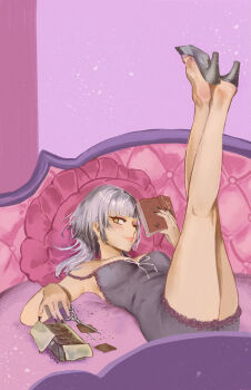 1girl black_dress black_hair black_nails book breasts commentary cross cross_earrings derivative_work dress earrings english_commentary full_body grey_hair high_heels highres holding holding_book holding_scissors hololive hololive_english jewelry legs_up looking_at_viewer lying medium_breasts mosboru multicolored_hair on_back one_eye_closed pillow scissors shiori_novella shoe_dangle short_dress smile solo split-color_hair strap_slip two-tone_hair virtual_youtuber yellow_eyes