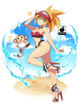 1girl absurdres ass bandeau bandeau_bikini beach bikini blonde_hair breasts choker cleavage data_(mega_man) earrings frilled_bikini frills high_heels highleg highleg_bikini highres jewelry linkartoon mega_man_(series) mega_man_legends_(series) necklace nut_(hardware) pendant_choker roll_caskett_(mega_man) sandals summer swimsuit thighs visor_cap water
