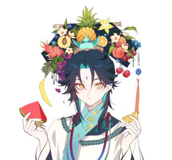 Rule 34 | :i, alternate costume, alternate hairstyle, animal, animal on head, bird, bird on head, blue bird, blue flower, cherry, chinese clothes, colored inner hair, crossdressing, crossdressing (mtf), detached collar, doupu41, dragon fruit, earrings, eating, flower, food, food on head, fruit, genshin impact, grapes, hair behind ear, hair up, highres, holding, holding food, holding fruit, jewelry, liangbatou, long sleeves, lychee, male focus, manchu clothes, multicolored hair, necklace, object on head, on head, orange (fruit), orange slice, peach, pineapple, portrait, shirt, simple background, starfruit, watermelon, watermelon slice, white background, white shirt, xiao (genshin impact)