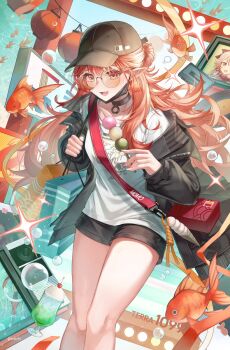 Rule 34 | 1girl, arknights, bag, baseball cap, black hat, black jacket, black shorts, black surgical mask, commentary, dango, dvdarts, english commentary, fish, food, handbag, haruka (arknights), haruka (casual) (arknights), hat, highres, holding, holding food, jacket, lantern, long hair, long sleeves, looking at viewer, official alternate costume, open clothes, open jacket, orange hair, paper lantern, pointy ears, sanshoku dango, shirt, shorts, solo, sunglasses, t-shirt, twitter username, wagashi, white shirt