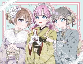 Rule 34 | 3girls, alternate costume, anyoji hime, blue background, bow, brown hair, chestnut mouth, closed mouth, commentary, drop shadow, frilled hairband, frilled sash, frills, fur-trimmed kimono, fur trim, furisode, gingham background, gloves, green kimono, grey hair, grey kimono, hair bow, hair bun, hairband, highres, holding, holding omikuji, in-franchise crossover, interlocked fingers, japanese clothes, kimono, konoe kanata, lace-trimmed sash, link! like! love live!, long hair, love live!, love live! nijigasaki high school idol club, love live! superstar!!, low twintails, multiple girls, new year, obi, obiage, obijime, omikuji, open mouth, own hands together, parted lips, peanut mouth, pink hair, pointing, polka dot, polka dot kimono, purple eyes, purple kimono, purple streaks, raised inner eyebrows, sash, short hair, single hair bun, smile, split mouth, tang keke, toto (ke ke99), twintails, two-handed, v-shaped eyebrows, virtual youtuber, white gloves, white hairband