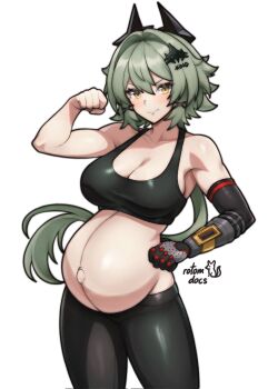 1girl artist_name big_belly black_horns black_pants black_sports_bra breasts caesar_king_(zenless_zone_zero) closed_mouth commentary commission contrapposto corrupted_twitter_file cowboy_shot english_commentary flexing floating_hair green_hair hair_between_eyes hair_intakes hair_ornament hand_on_own_hip highres horns large_breasts long_hair looking_at_viewer navel outie_navel pants pregnant prosthesis prosthetic_arm rotomdocs simple_background smug solo sports_bra standing v-shaped_eyebrows very_long_hair white_background x_hair_ornament yellow_eyes yoga_pants zenless_zone_zero