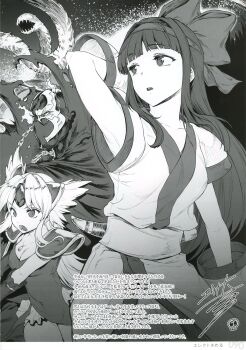 Rule 34 | 1boy, 2girls, absurdres, ainu clothes, arm behind head, armpits, breasts, cleavage, covered navel, crossover, erect sawaru, hair ribbon, highres, japanese text, legs, leotard, long hair, monochrome, multiple girls, nakoruru, open mouth, ribbon, riesz, samurai spirits, seiken densetsu, seiken densetsu 3, small breasts, snk, spawn (comic), spawn (spawn), square enix, thighs, translation request, weapon