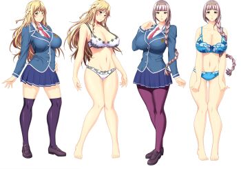 2girls blonde_hair blue_eyes blunt_bangs bra braid braiding_hair breasts empty_eyes formal_clothes game_cg hairdressing highres huge_breasts kisshouji_arisa kuga_yuriko kyonyuu_reijou_mc_gakuen lingerie long_hair mind_control multiple_girls multiple_views necktie panties pantyhose pleated_skirt school_uniform shirt side_braid single_braid skirt skyhouse smile socks suit thighhighs underwear underwear_only visual_novel