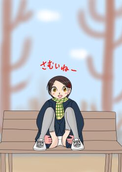 1girl bench black_coat black_skirt blush brown_eyes brown_hair cloud coat crotch_seam gloves grey_thighhighs hair_ornament hairclip hands_on_own_thighs loli long_sleeves looking_at_viewer on_bench open_mouth original panties pee_stain pink_gloves plaid_clothes plaid_scarf scarf sexless2012 shoes short_hair sitting skirt sky smile sneakers spread_legs stained_panties thighhighs tree underwear white_panties white_shoes yellow_scarf